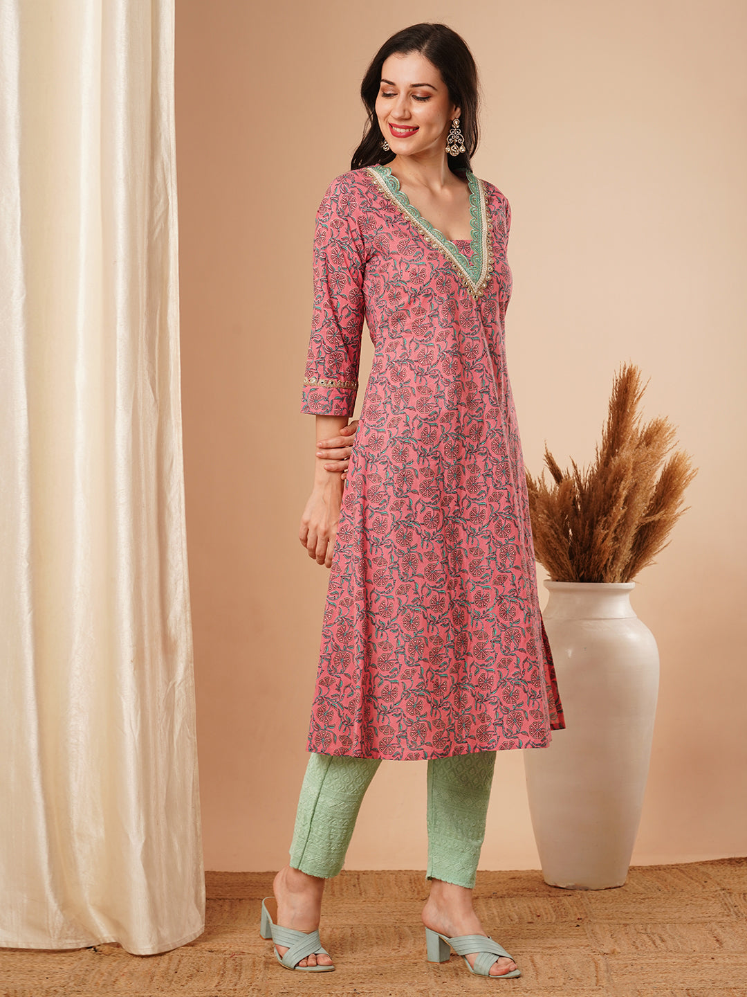 Ethnic Floral Printed & Embroidered A-Line Kurta - Pink