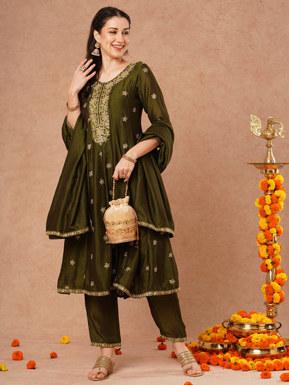 Ethnic Embroidered Anarkali Flared Kurta with Pant and Dupatta - Green