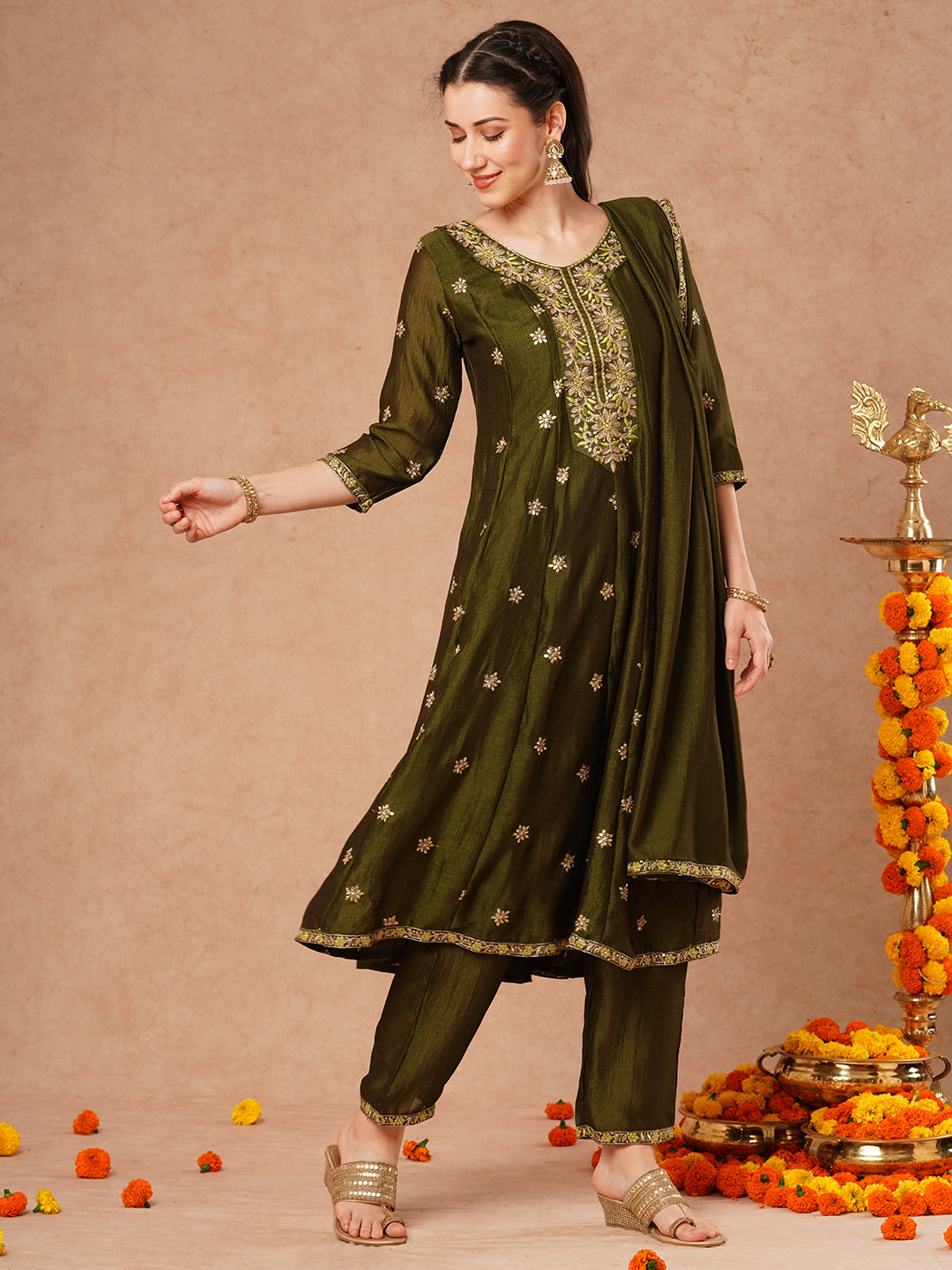 Ethnic Embroidered Anarkali Flared Kurta with Pant and Dupatta - Green