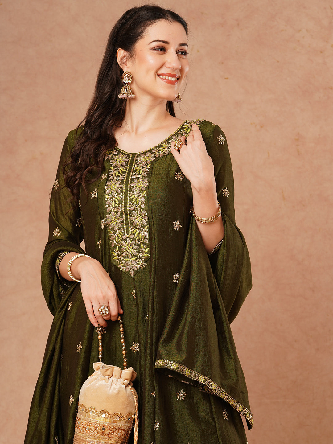 Ethnic Embroidered Anarkali Flared Kurta with Pant and Dupatta - Green