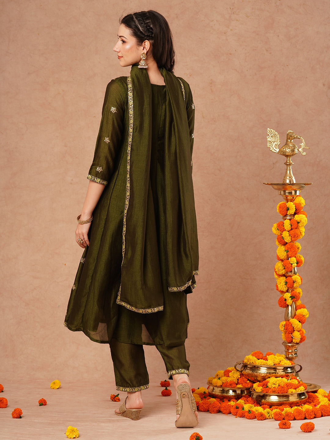 Ethnic Embroidered Anarkali Flared Kurta with Pant and Dupatta - Green