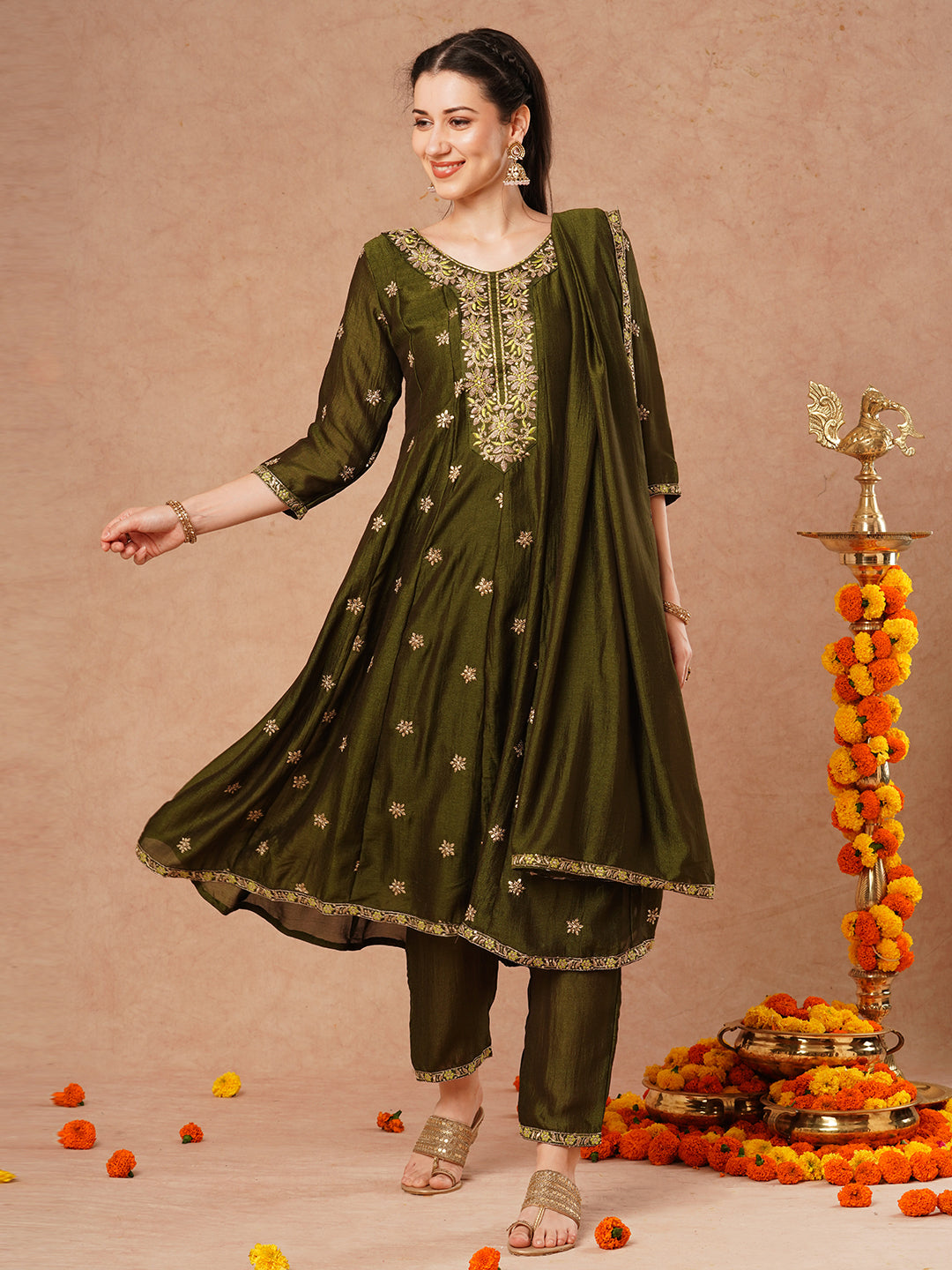 Ethnic Embroidered Anarkali Flared Kurta with Pant and Dupatta - Green