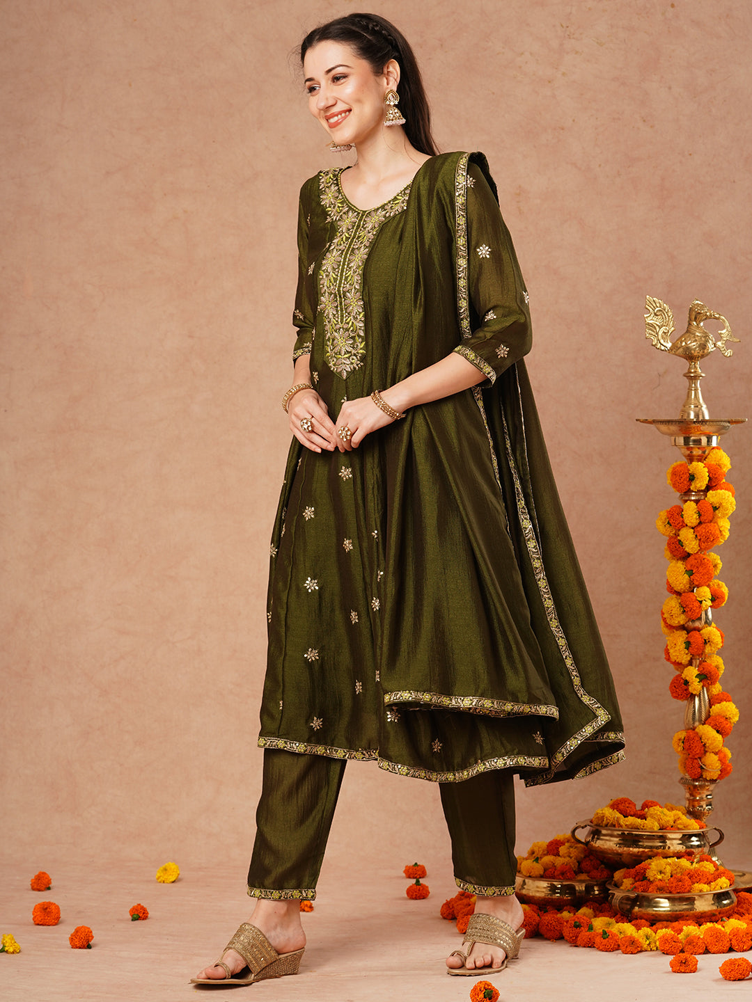 Ethnic Embroidered Anarkali Flared Kurta with Pant and Dupatta - Green