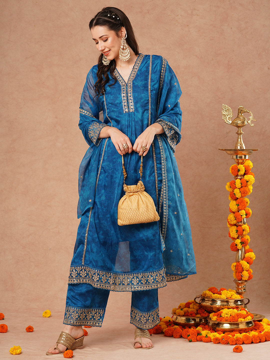 Floral Printed Embroidered Straight Fit Kurta with Pant and Dupatta - Blue