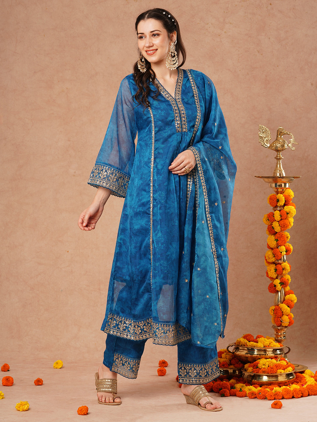 Floral Printed Embroidered Straight Fit Kurta with Pant and Dupatta - Blue