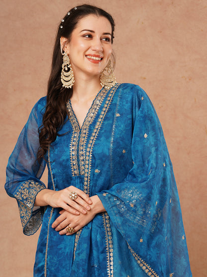 Floral Printed Embroidered Straight Fit Kurta with Pant and Dupatta - Blue