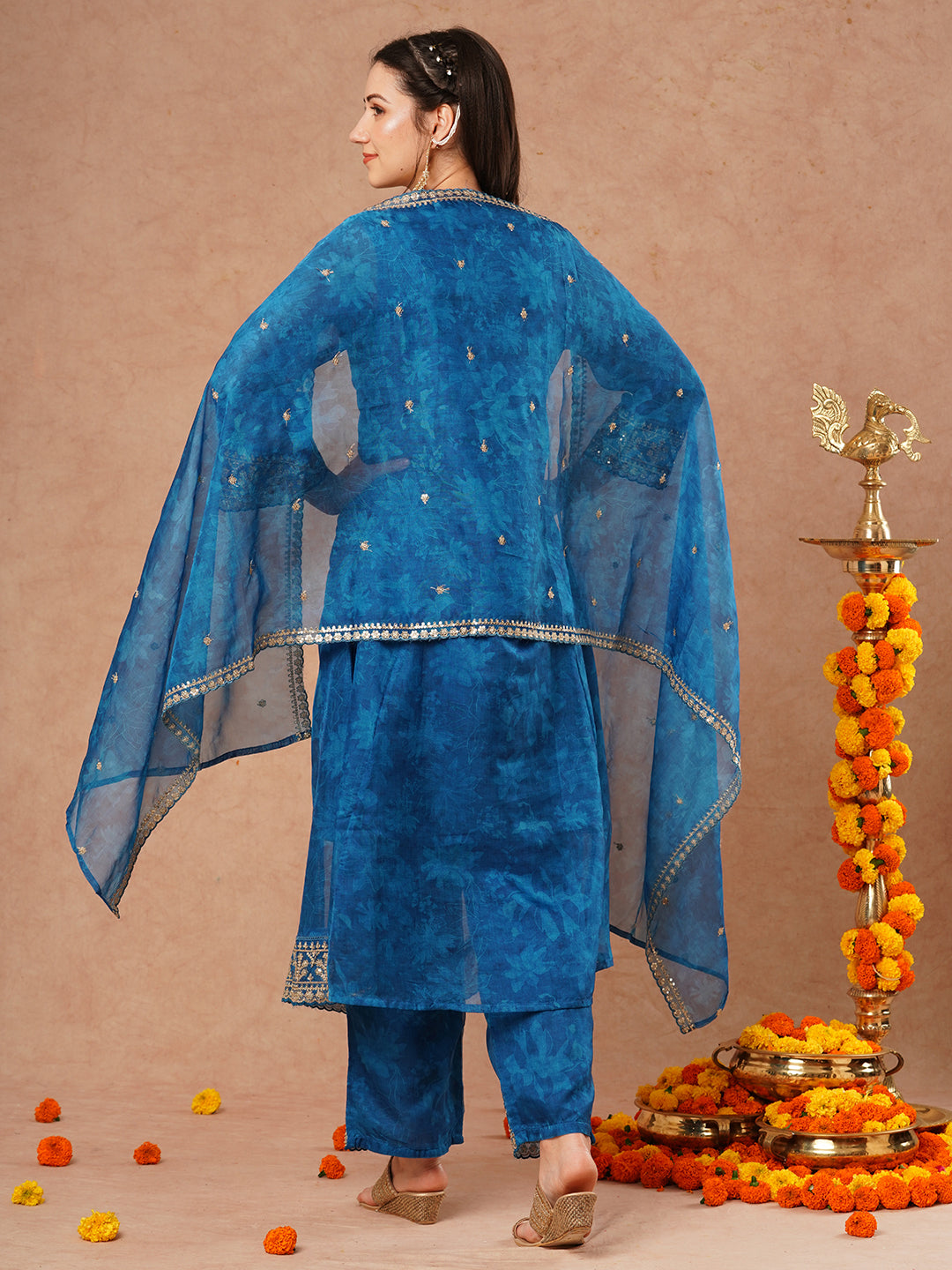 Floral Printed Embroidered Straight Fit Kurta with Pant and Dupatta - Blue