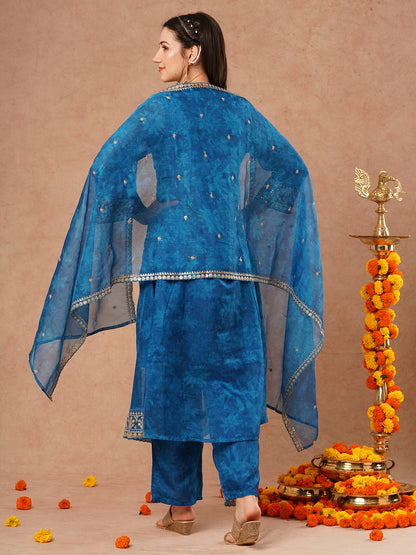 Floral Printed Embroidered Straight Fit Kurta with Pant and Dupatta - Blue