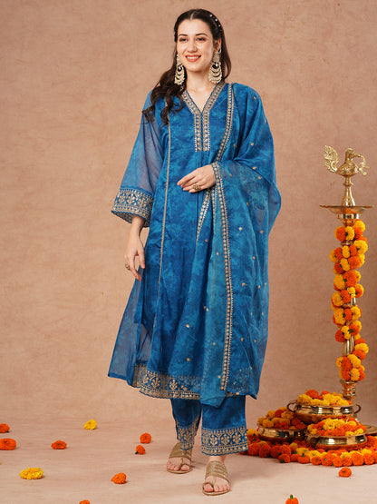 Floral Printed Embroidered Straight Fit Kurta with Pant and Dupatta - Blue