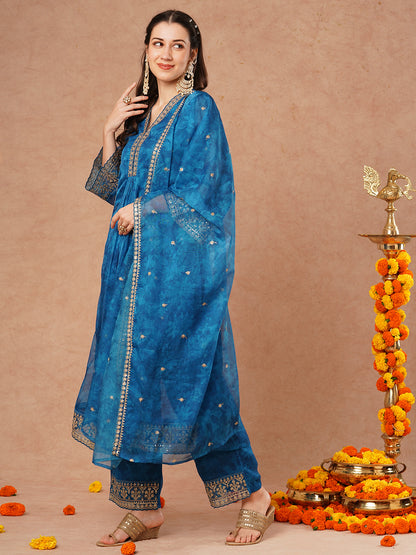 Floral Printed Embroidered Straight Fit Kurta with Pant and Dupatta - Blue