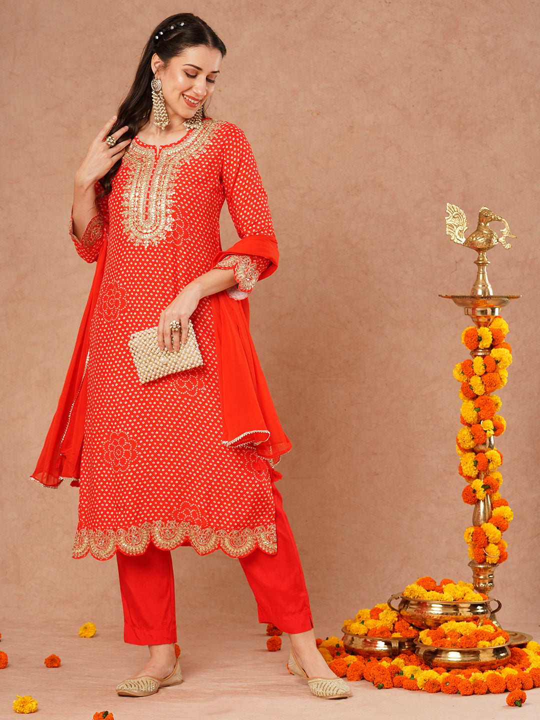 Bandhani Printed & Embroidered Straight Kurta with Pant and Dupatta - Orange