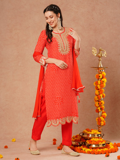 Bandhani Printed & Embroidered Straight Kurta with Pant and Dupatta - Orange