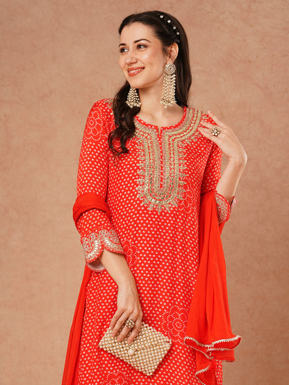 Bandhani Printed & Embroidered Straight Kurta with Pant and Dupatta - Orange