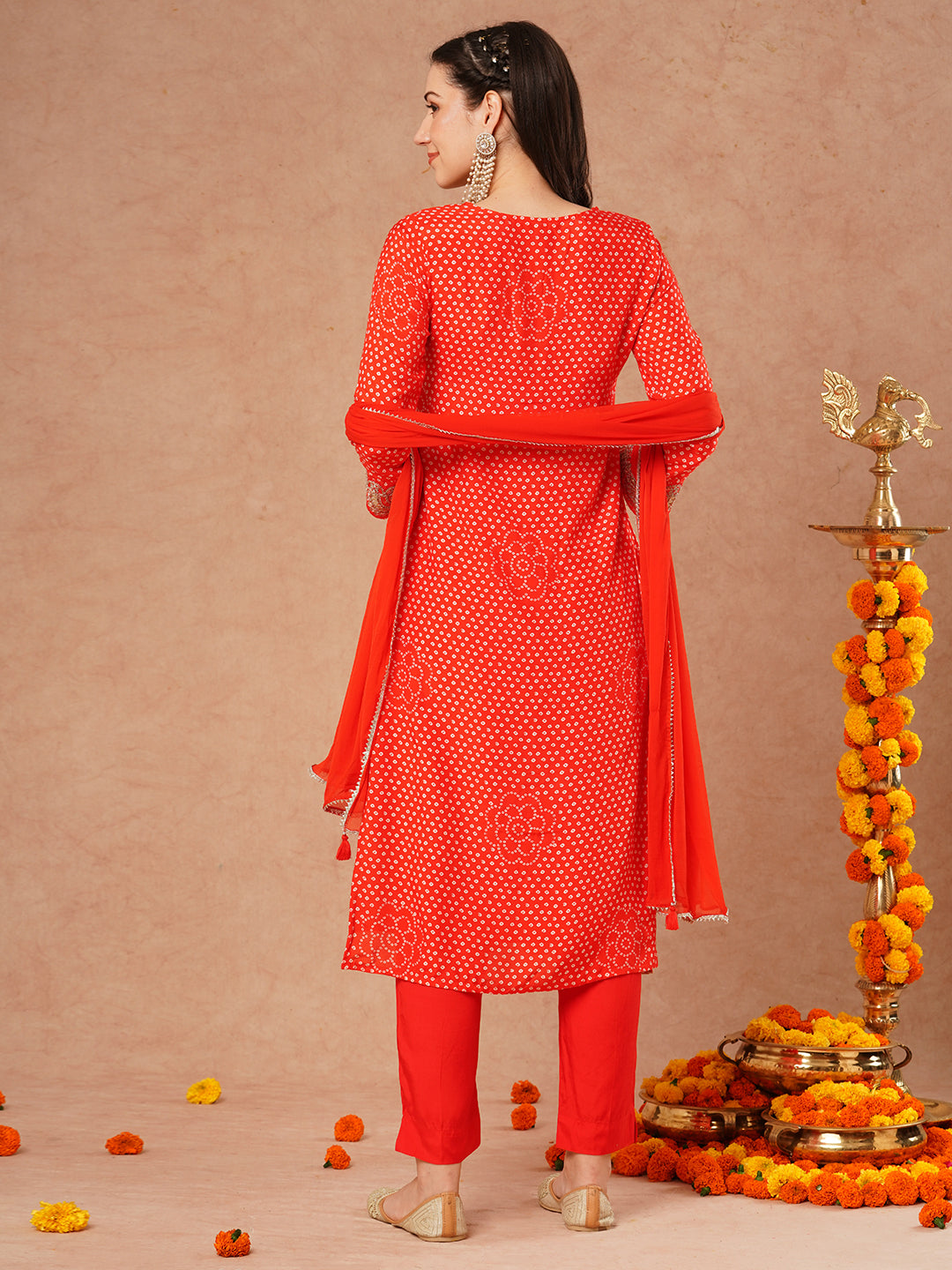 Bandhani Printed & Embroidered Straight Kurta with Pant and Dupatta - Orange