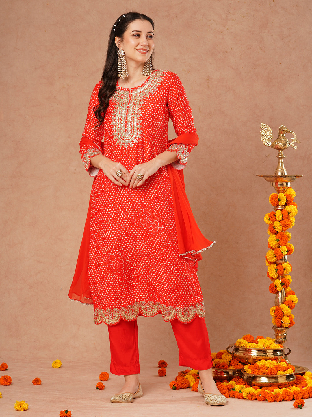 Bandhani Printed & Embroidered Straight Kurta with Pant and Dupatta - Orange