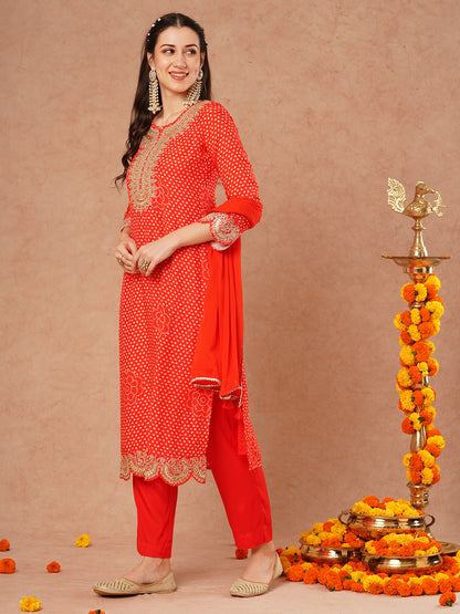 Bandhani Printed & Embroidered Straight Kurta with Pant and Dupatta - Orange