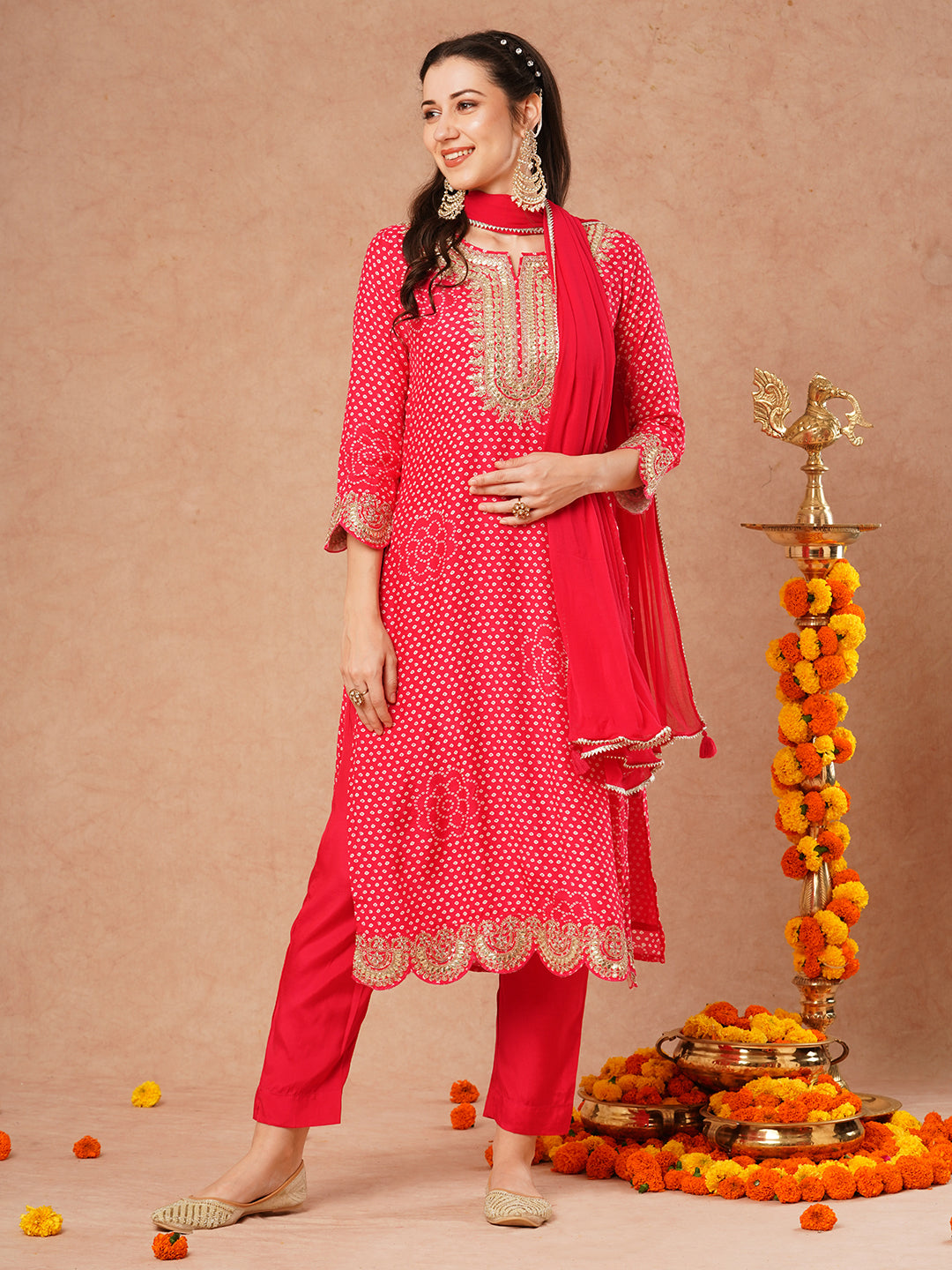 Bandhani Printed & Embroidered Straight Kurta with Pant and Dupatta - Pink