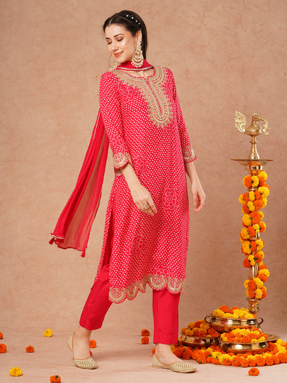 Bandhani Printed & Embroidered Straight Kurta with Pant and Dupatta - Pink