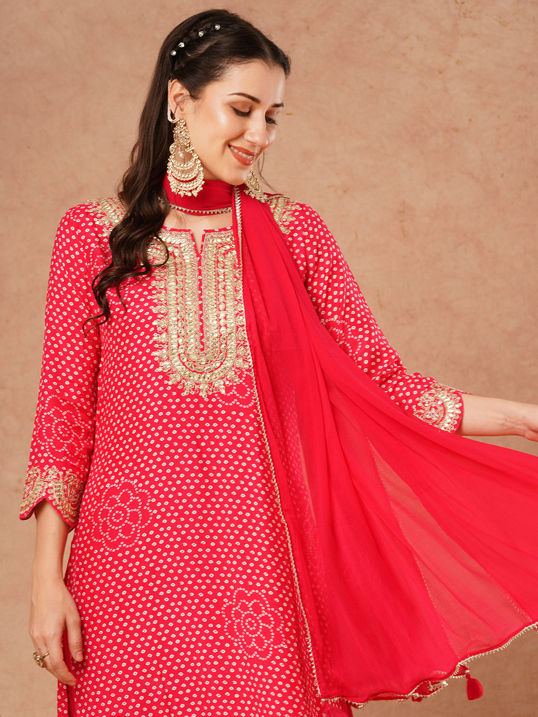 Bandhani Printed & Embroidered Straight Kurta with Pant and Dupatta - Pink