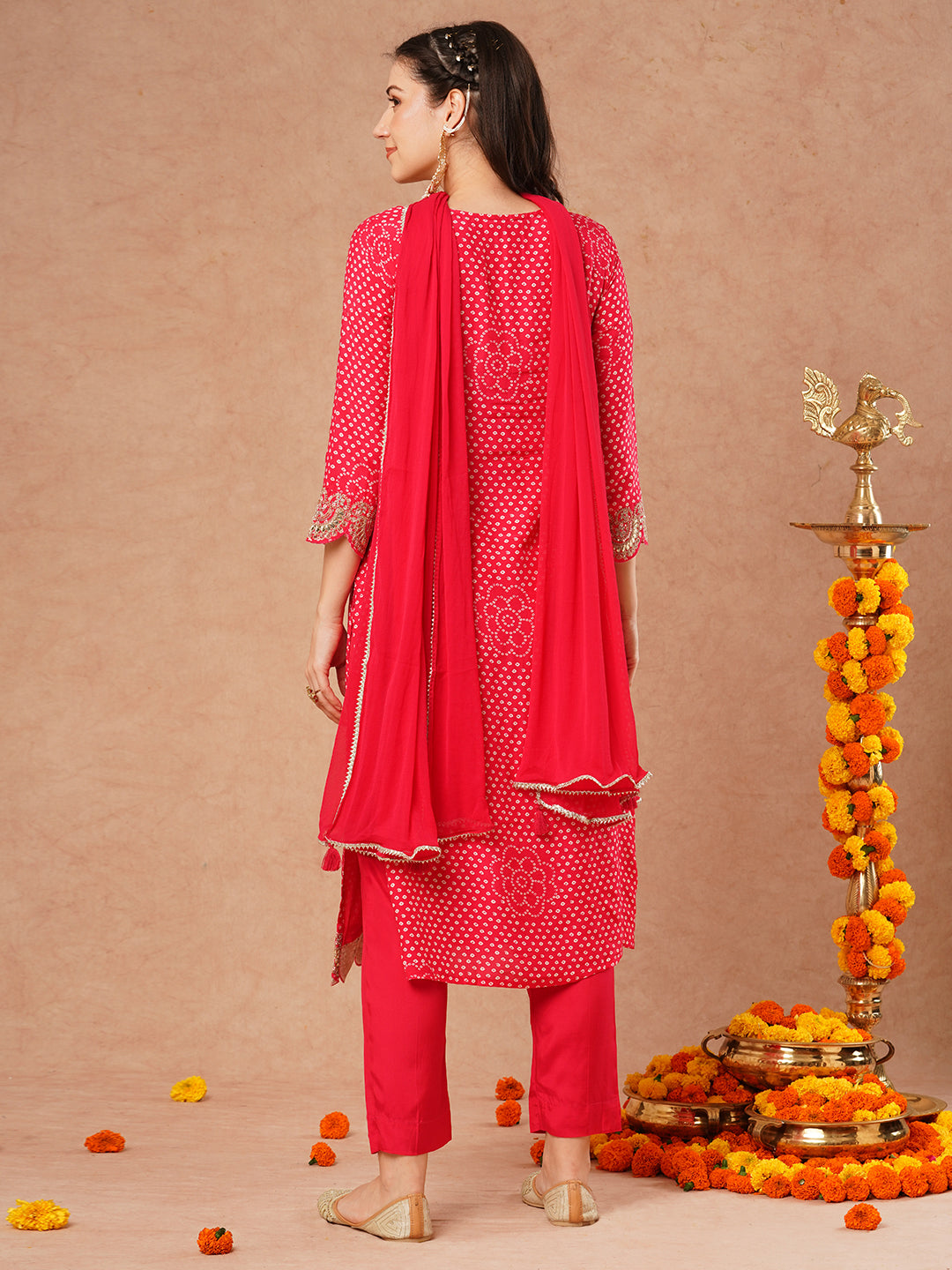 Bandhani Printed & Embroidered Straight Kurta with Pant and Dupatta - Pink