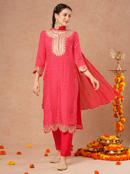 Bandhani Printed & Embroidered Straight Kurta with Pant and Dupatta - Pink