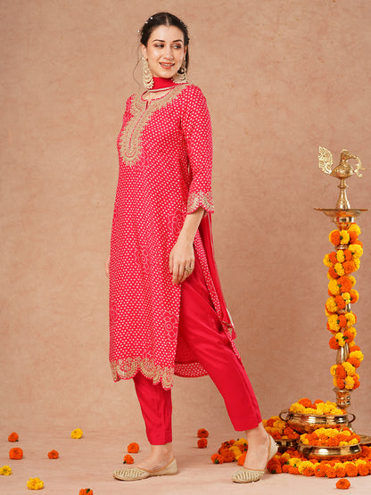 Bandhani Printed & Embroidered Straight Kurta with Pant and Dupatta - Pink