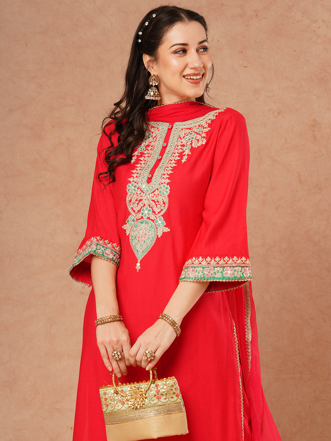 Solid Ethnic Embroidered Straight Kurta with Pant & Dupatta - Pink