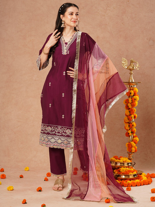 Solid Ethnic Embroidered Straight Kurta with Pant & Colorblocked Dupatta - Deep Purple