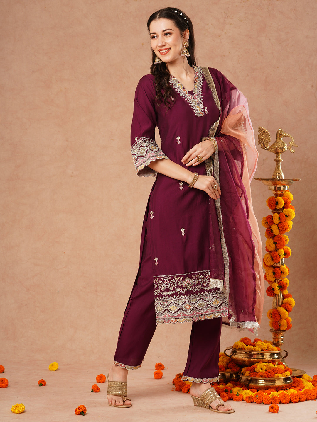 Solid Ethnic Embroidered Straight Kurta with Pant & Colorblocked Dupatta - Deep Purple