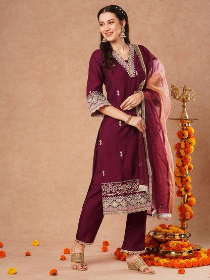 Solid Ethnic Embroidered Straight Kurta with Pant & Colorblocked Dupatta - Deep Purple