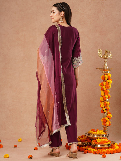 Solid Ethnic Embroidered Straight Kurta with Pant & Colorblocked Dupatta - Deep Purple