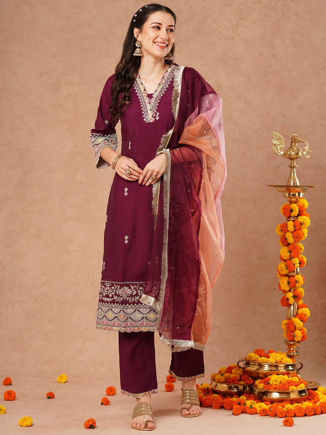 Solid Ethnic Embroidered Straight Kurta with Pant & Colorblocked Dupatta - Deep Purple