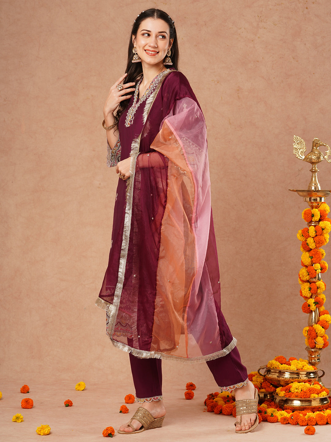 Solid Ethnic Embroidered Straight Kurta with Pant & Colorblocked Dupatta - Deep Purple