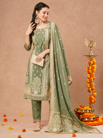 Floral Printed & Hand Embroidered Straight Fit Tissue Kurta with Pant and Dupatta - Green