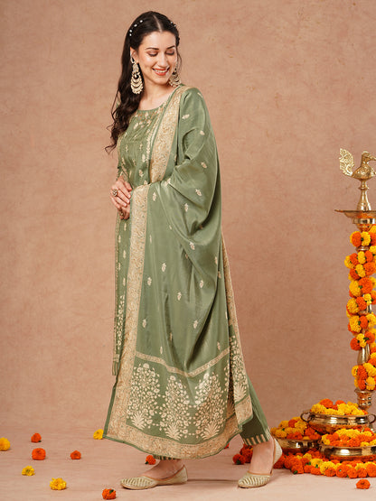 Floral Printed & Hand Embroidered Straight Fit Tissue Kurta with Pant and Dupatta - Green