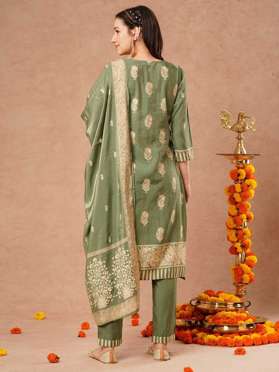 Floral Printed & Hand Embroidered Straight Fit Tissue Kurta with Pant and Dupatta - Green