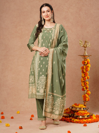 Floral Printed & Hand Embroidered Straight Fit Tissue Kurta with Pant and Dupatta - Green