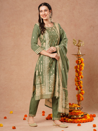 Floral Printed & Hand Embroidered Straight Fit Tissue Kurta with Pant and Dupatta - Green