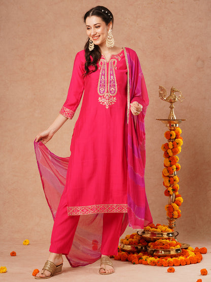 Solid Ethnic Embroidered Straight Fit Kurta with Pant and Leheriya Dupatta - Pink