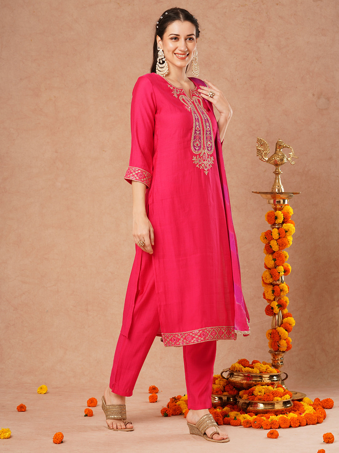 Solid Ethnic Embroidered Straight Fit Kurta with Pant and Leheriya Dupatta - Pink