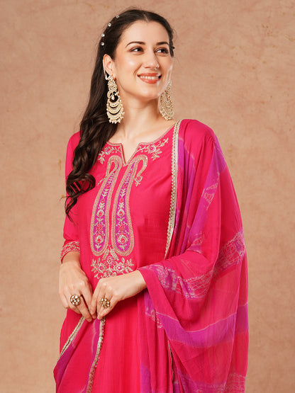 Solid Ethnic Embroidered Straight Fit Kurta with Pant and Leheriya Dupatta - Pink