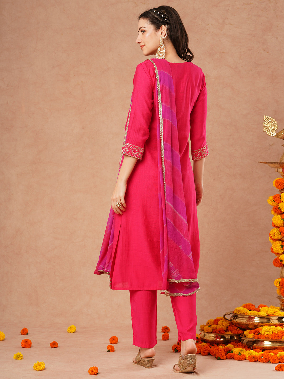 Solid Ethnic Embroidered Straight Fit Kurta with Pant and Leheriya Dupatta - Pink