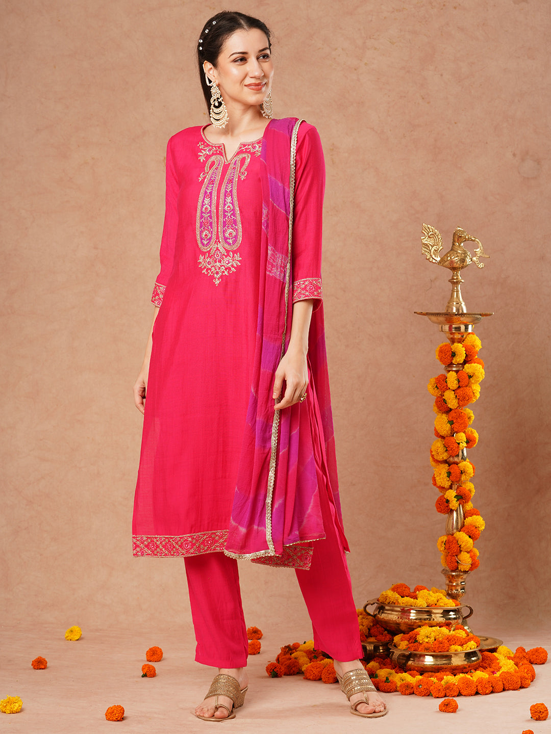 Solid Ethnic Embroidered Straight Fit Kurta with Pant and Leheriya Dupatta - Pink