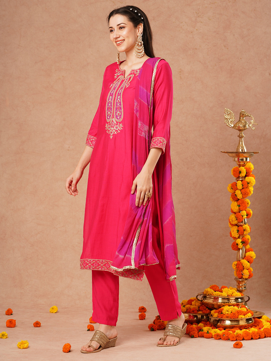 Solid Ethnic Embroidered Straight Fit Kurta with Pant and Leheriya Dupatta - Pink