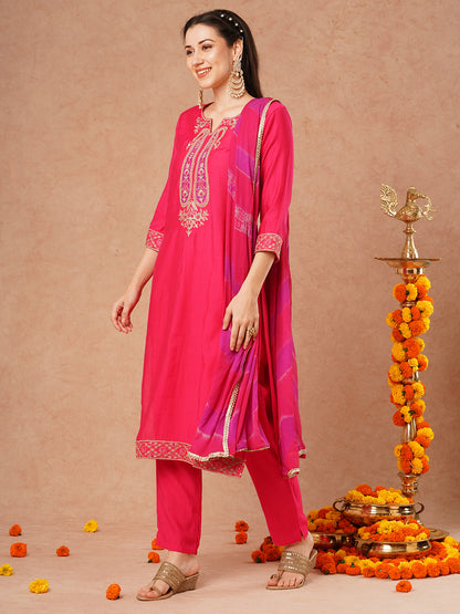 Solid Ethnic Embroidered Straight Fit Kurta with Pant and Leheriya Dupatta - Pink