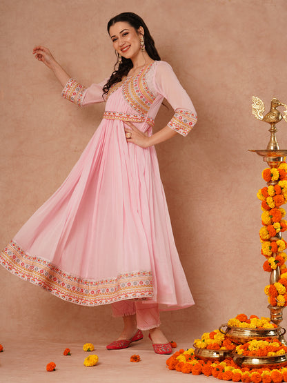 Solid Ethnic Embroidered A-Line Pleated Flared Maxi Mulmul Dress with Belt - Pink