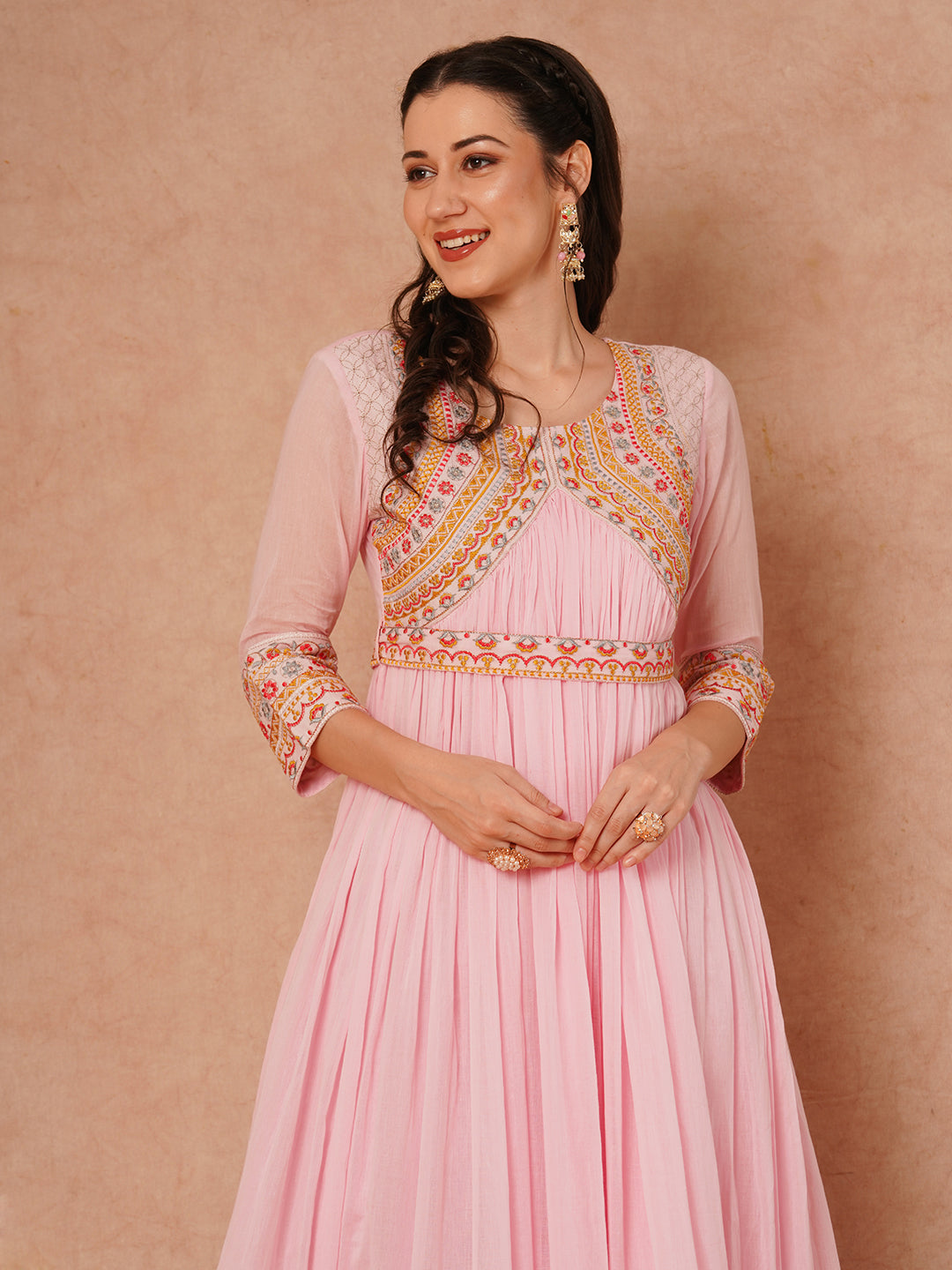 Solid Ethnic Embroidered A-Line Pleated Flared Maxi Mulmul Dress with Belt - Pink