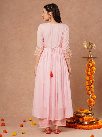 Solid Ethnic Embroidered A-Line Pleated Flared Maxi Mulmul Dress with Belt - Pink