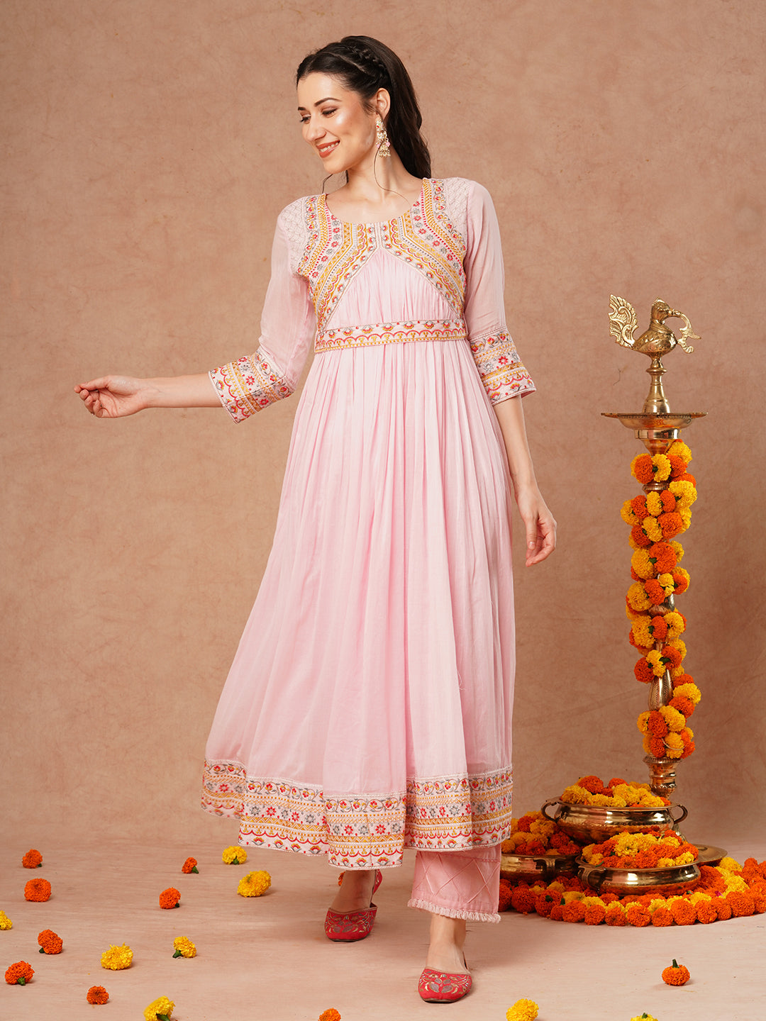 Solid Ethnic Embroidered A-Line Pleated Flared Maxi Mulmul Dress with Belt - Pink