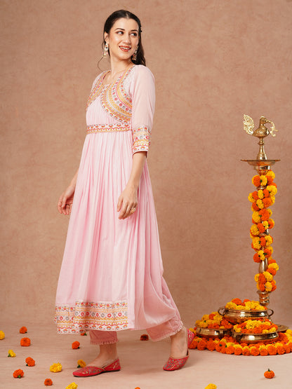 Solid Ethnic Embroidered A-Line Pleated Flared Maxi Mulmul Dress with Belt - Pink